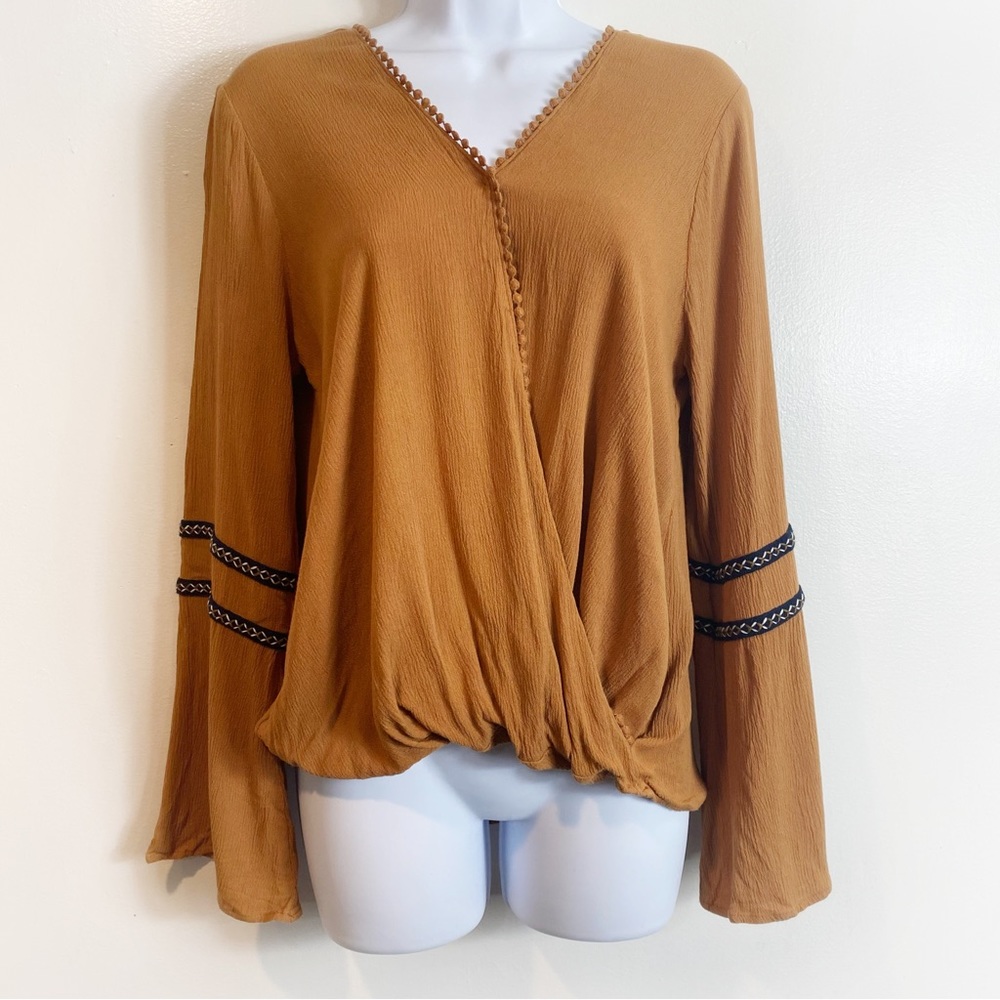 Blue Rain Camel Brown Bell Sleeve Boho Wrap Blouse